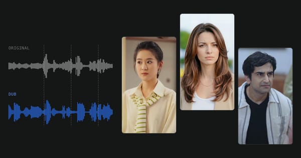 Three micro-drama frames beside an audio waveform, illustrating AI dubbing